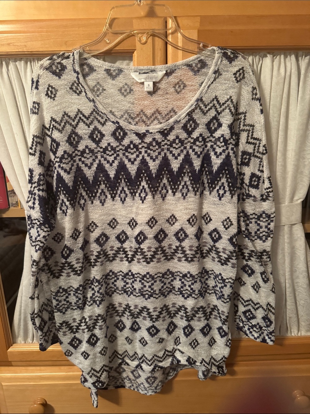 Charming Charlie Ivory and Navy Aztec Knit Long Sleeve Top